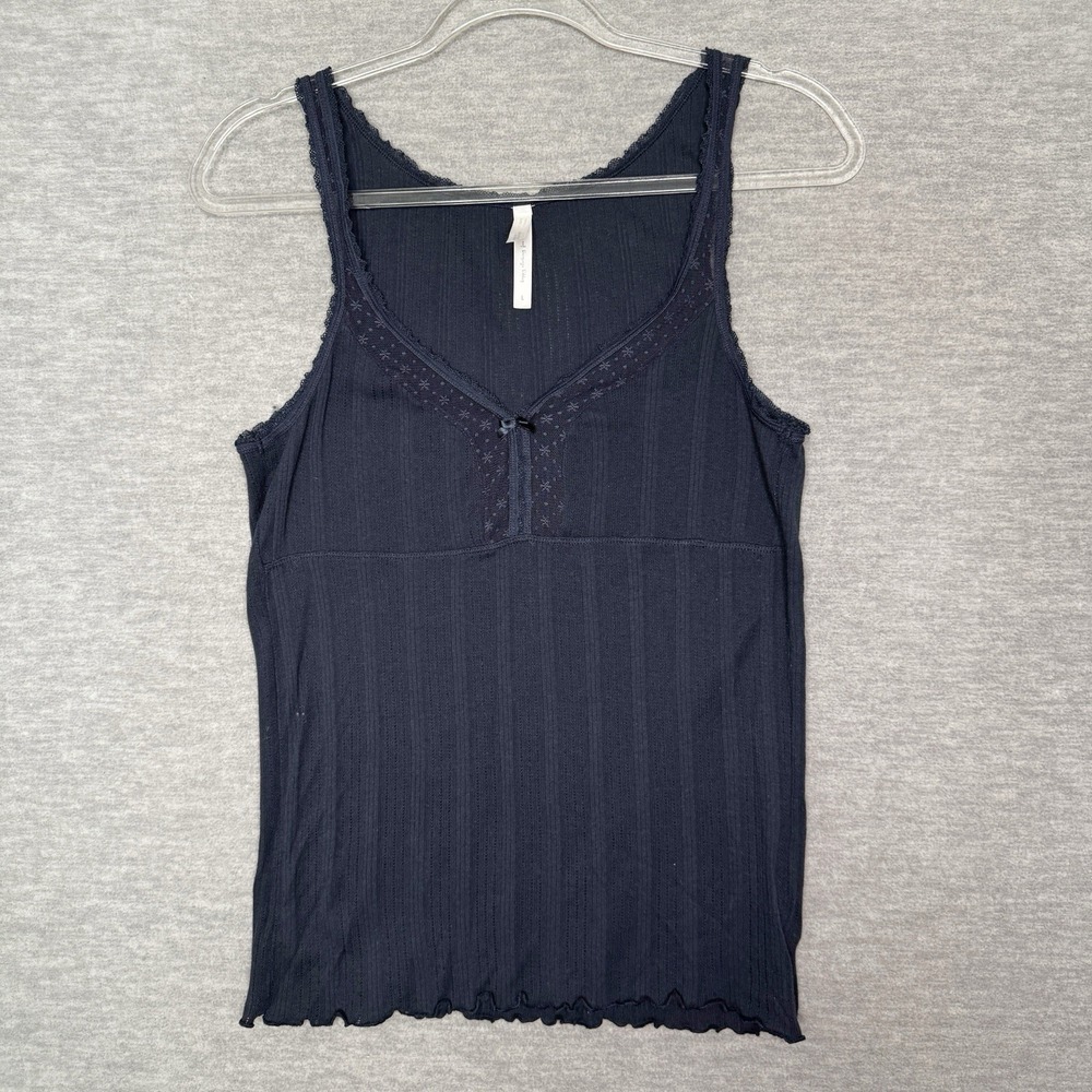 Vintage Y2K Old Navy Tank Top Shirt Rib Lace Trim Size Large Navy Babydoll Blue